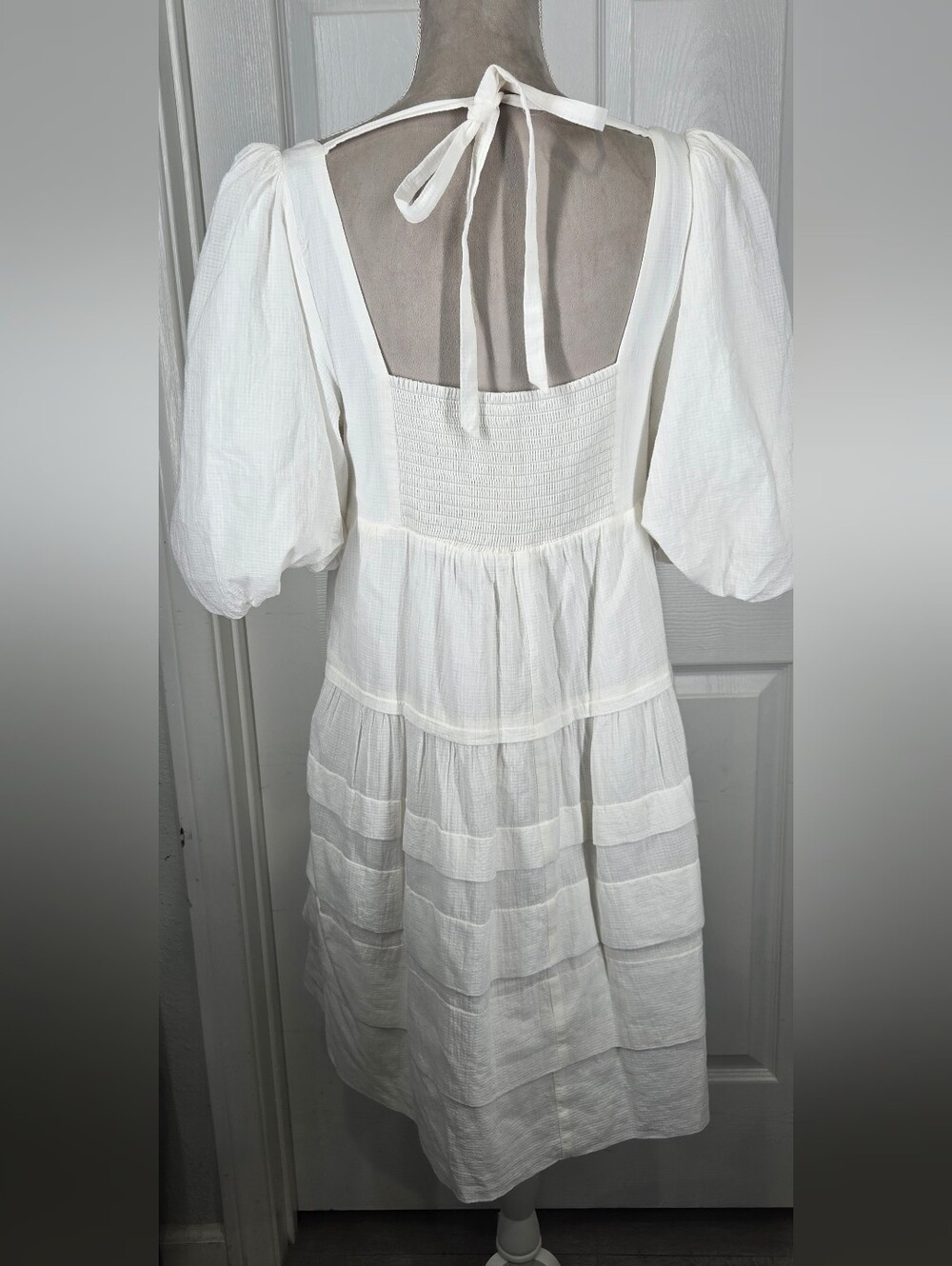 Anthropologie Square-Neck Puff-Sleeve Tiered Mini Dress White M - Picture 9 of 17